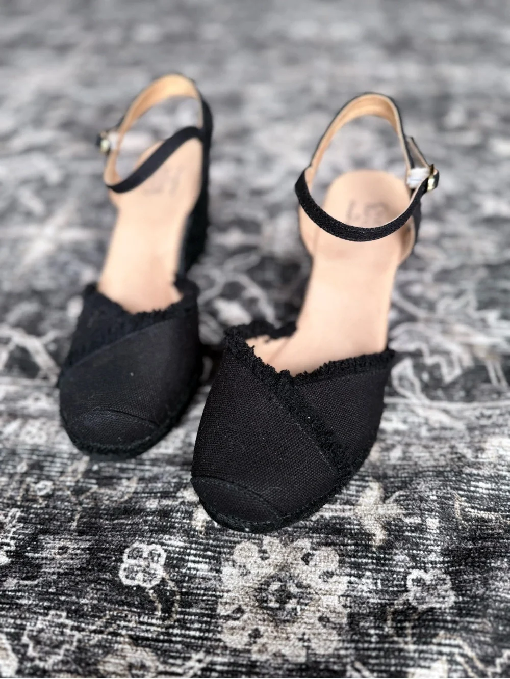 Black Canvas Ankle-Strap Wedge Heels - Women